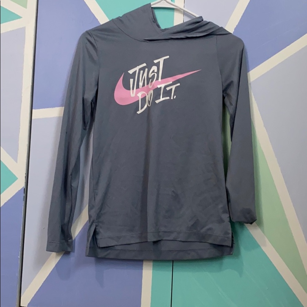 Grey Nike  long sleeve with light pink logo.